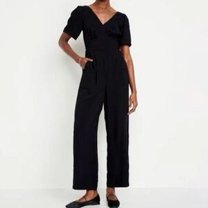 Old Navy Waist-Defined Puff-Sleeve Jumpsuit Black Short Sleeve Women’s XS Thin